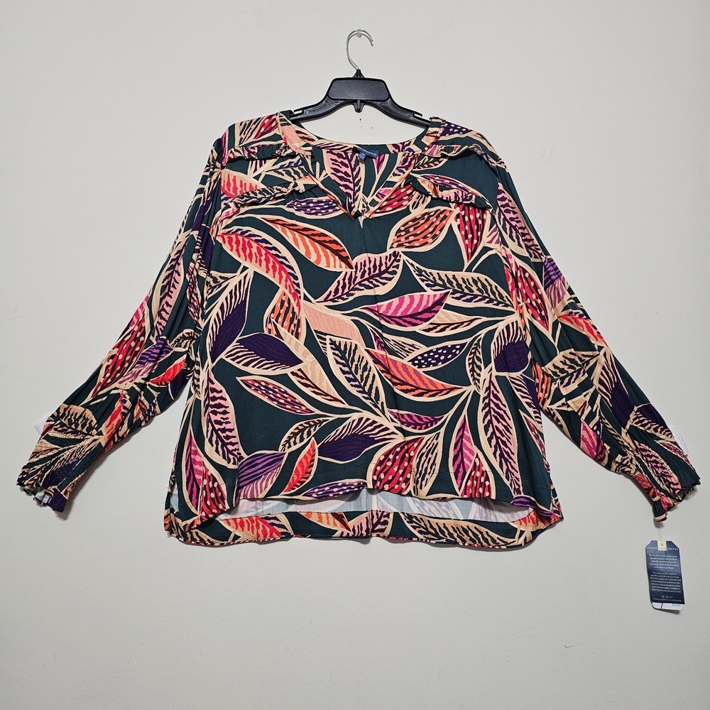 Democracy Women's Plus 3X Green Brown Multicolor‎ Floral Vneck Long Sleeve 1027